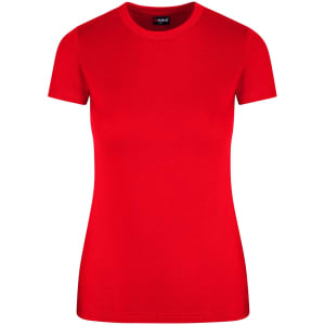 A red women's slim fit tee with short sleeves and a crew neck, featuring a logo on the label.
