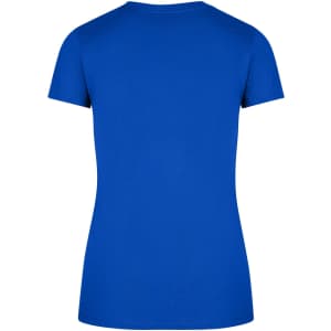 A blue women's slim fit tee featuring short sleeves and a round neckline, with a logo on the back.