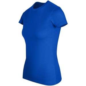 A women's slim fit tee in bright blue. The shirt features short sleeves and a classic crew neck design.