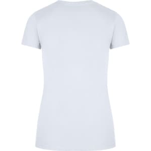 A light blue women's slim fit tee with short sleeves and a round neckline. The back view reveals a smooth design.