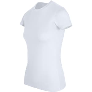 A women's slim fit tee in white, featuring a classic round neckline and short sleeves. It has a logo displayed.