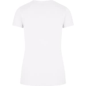 A white women's slim fit tee with short sleeves, featuring a plain back design.