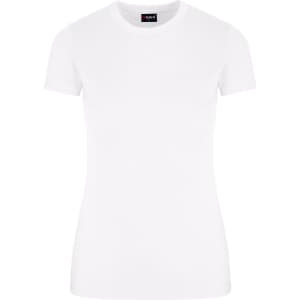 A white women's slim fit tee with short sleeves, featuring a logo on the label.