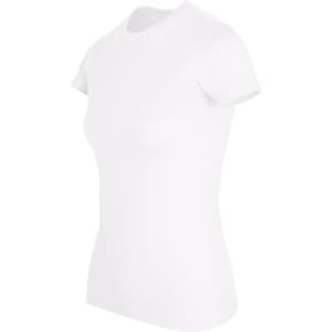 A women's slim fit tee in white, featuring a round neck and short sleeves. The shirt has a logo on it.