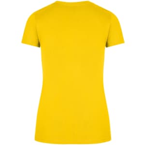 A yellow women's slim fit tee with short sleeves and a simple design. The back view shows a smooth, seamless style.