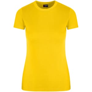 A bright yellow women's slim fit t-shirt with a round neckline and short sleeves. The shirt has a logo on the label.