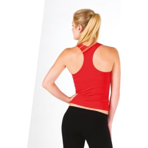 A red women's singlet with a racerback design, featured with a logo, worn with black leggings.