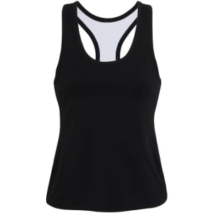 A black women's singlet with a racerback design and contrasting inner lining, featuring a logo.