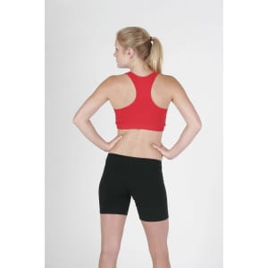 A red sports crop top with a racerback design, paired with black shorts, displayed on a model from the back.