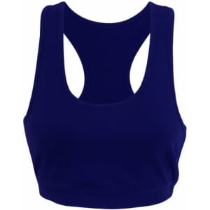 A navy blue women's self brassiere singlet with a racerback design and a logo.