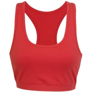 A red women's singlet bra with a racerback design, featuring a fitted style and no visible branding.