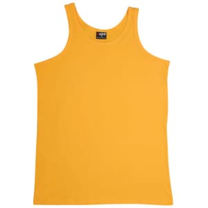 A plain yellow men's cotton singlet, featuring a brand logo on the label.
