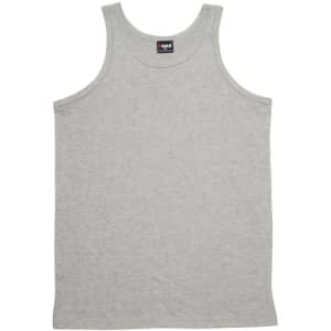 A grey men's cotton singlet with a round neck and a logo in the label. Suitable for casual wear.