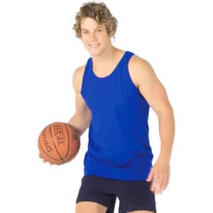 A blue men's cotton singlet displayed on a smiling man holding a basketball, suitable for casual or athletic wear.