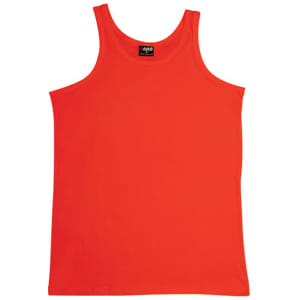 An orange men's cotton singlet with a simple design and a visible label tag.