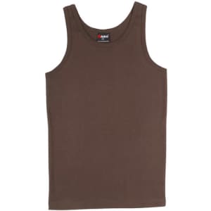 A brown men's cotton rib singlet featuring a round neck and no sleeves, with a logo on the label.