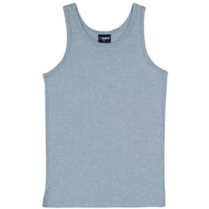 A light blue men's cotton rib singlet featuring a logo on the label.