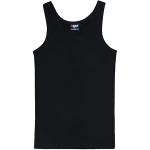 A black men's cotton rib singlet featuring a simple design and a logo on the label.