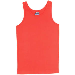 A bright red men's cotton rib singlet with a classic design and a logo on the label.