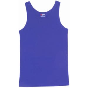 A purple men's cotton rib singlet with a round neckline and a logo on the label.