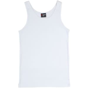 A white men's cotton rib singlet with a logo on the label.