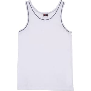 A white men's cotton rib singlet with contrasting stitching, featuring a logo on the label.