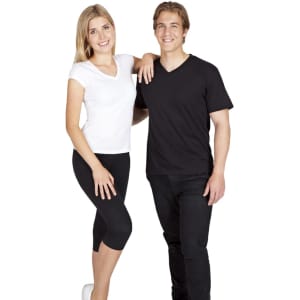 A woman in a white V-neck T-shirt and a man in a black V-neck T-shirt, both wearing casual black bottoms.