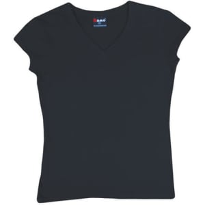 A black women's V-neck T-shirt with short sleeves and a logo on the collar.
