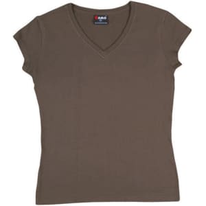 A women's olive green V-neck T-shirt with short sleeves and a logo on the tag.