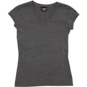 A dark grey women's V-neck T-shirt with short sleeves and a fitted style. The shirt features a logo.