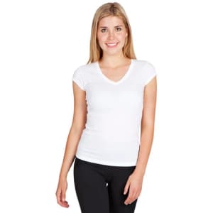 A white women's V-neck T-shirt with short sleeves, featuring a fitted design. It includes a logo on the front.
