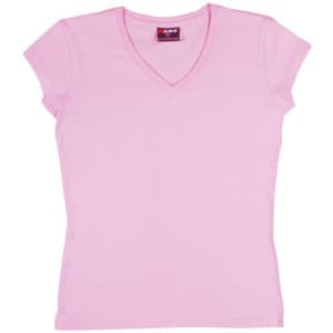 A pink women's V-neck T-shirt with short sleeves and a logo on the neckline.