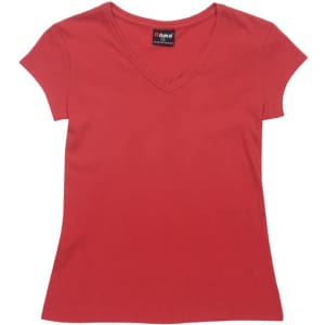 A red women's V-neck T-shirt with short sleeves and a branding label on the neckline.