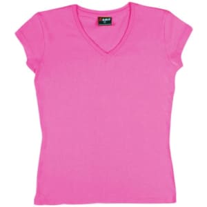 A pink women's V-neck T-shirt with short sleeves, featuring a branded label.