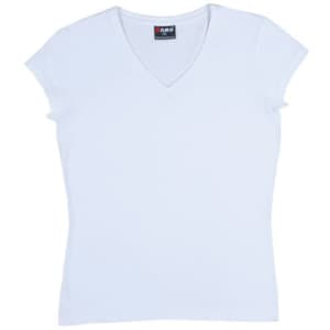 A white women's V-neck T-shirt with short sleeves and a logo on the label.