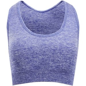 A purple seamless crop top with a scoop neckline and a fitted design. It has a brand logo on the side.
