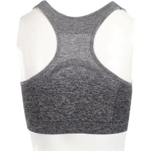 A grey sports crop top with a racerback design, featuring textured fabric and a logo.