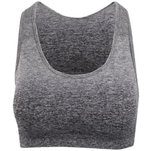 A grey seamless crop top with wide straps and a fitted design, featuring a logo on the front.