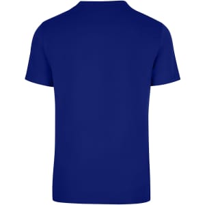 A blue unisex American style t-shirt with short sleeves and a plain back. It features a logo.