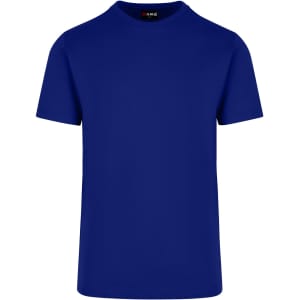 A blue unisex t-shirt with a classic crew neckline, featuring a simple design and a logo on the label.