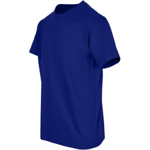 A blue unisex t-shirt displayed from a side angle, featuring a round neckline and short sleeves. It has a logo.