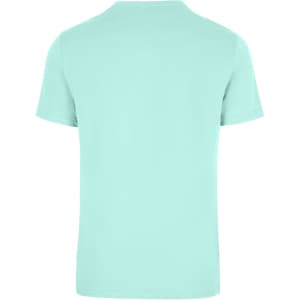 A mint green unisex t-shirt with a simple design and short sleeves. It has a logo on the back.