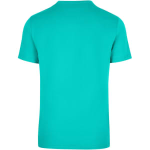 A unisex American style t-shirt in bright turquoise, featuring a classic crew neck and short sleeves, with a logo.