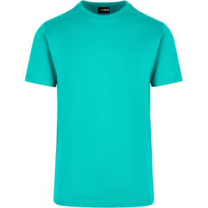 A turquoise unisex t-shirt with a crew neckline and short sleeves, featuring a logo at the neck.