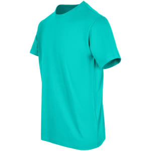 A turquoise unisex t-shirt displayed at an angle, featuring short sleeves and a crew neckline.