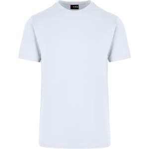 A light blue unisex t-shirt with a round neckline and short sleeves, featuring a logo on the label.