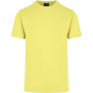 A bright yellow unisex American style t-shirt with a round neckline and short sleeves, featuring a logo.
