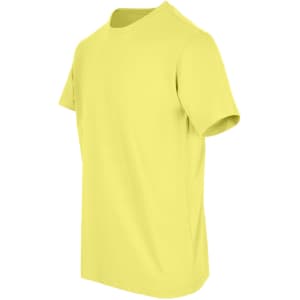 A bright yellow unisex American style t-shirt with short sleeves and a classic fit. It features a logo.