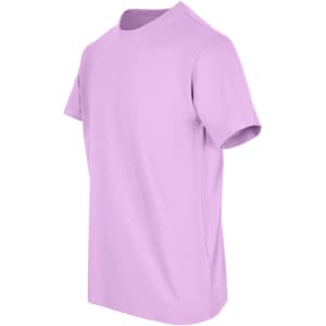 A lilac men's/unisex American style t-shirt with short sleeves and a round neckline. It features a logo.