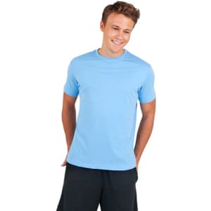 A blue men's/unisex American style t-shirt displayed on a smiling model with hands in pockets.